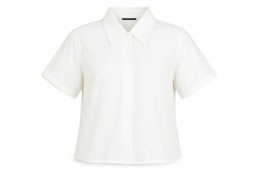Front view of BHS women’s white polyester basic button-up, size UK 12, v-neck