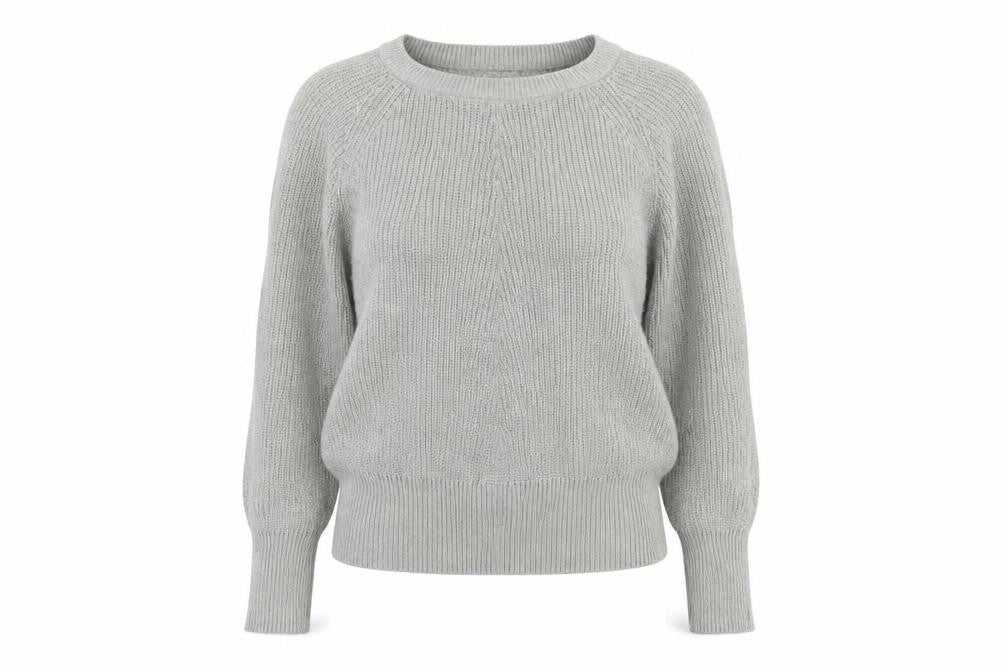 Front view of C women’s grey round neck acrylic jumper, size S