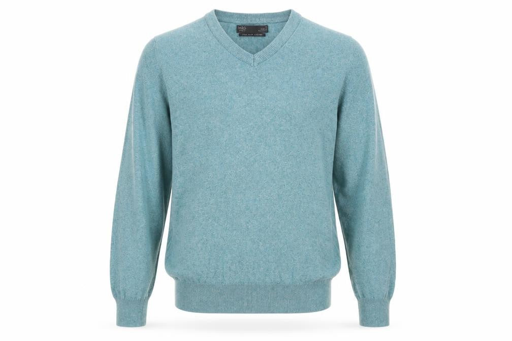Marks and Spencer Mens Green V-Neck Cotton Pullover Jumper Size S Long Sleeve