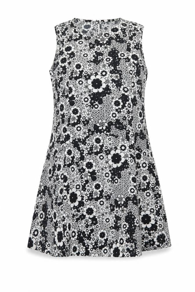 F&F Womens Black Floral Viscose A-Line Size 8 Boat Neck Button