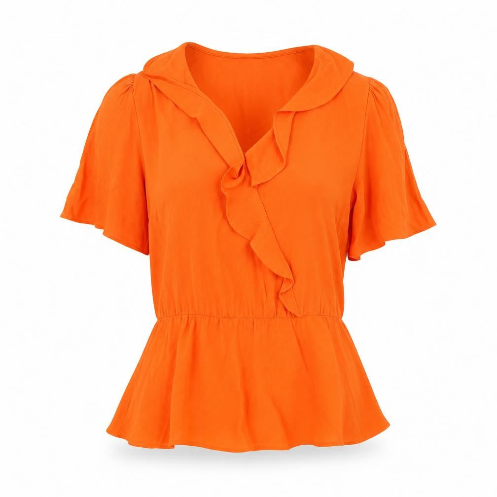 Front view of Marks & Spencer women’s orange viscose basic blouse, size UK 6, v-neck