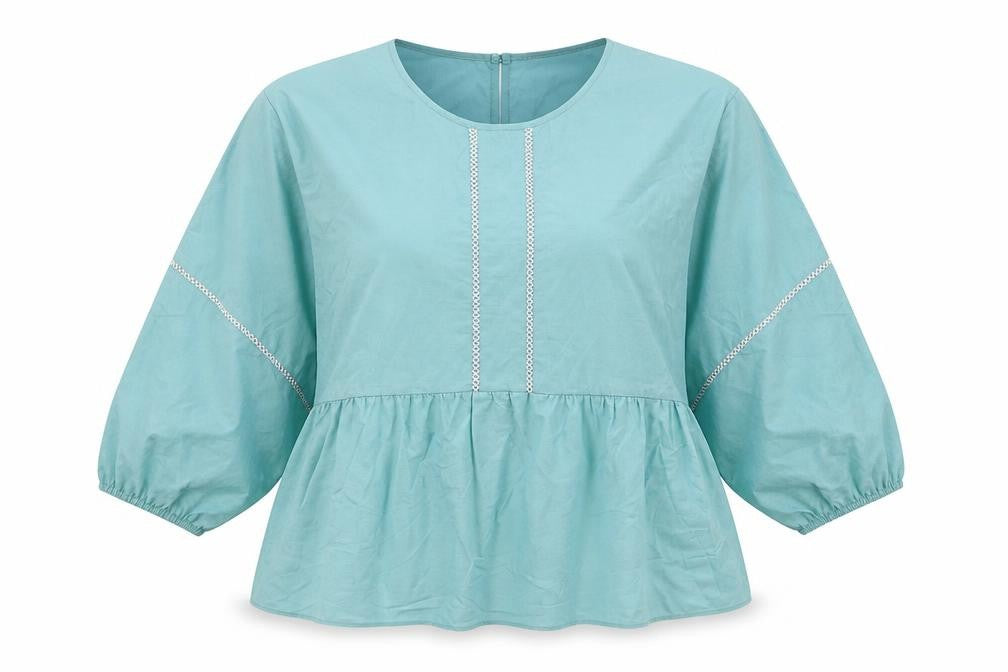 Front view of Marks & Spencer women’s blue cotton basic blouse, size UK 12, round neck