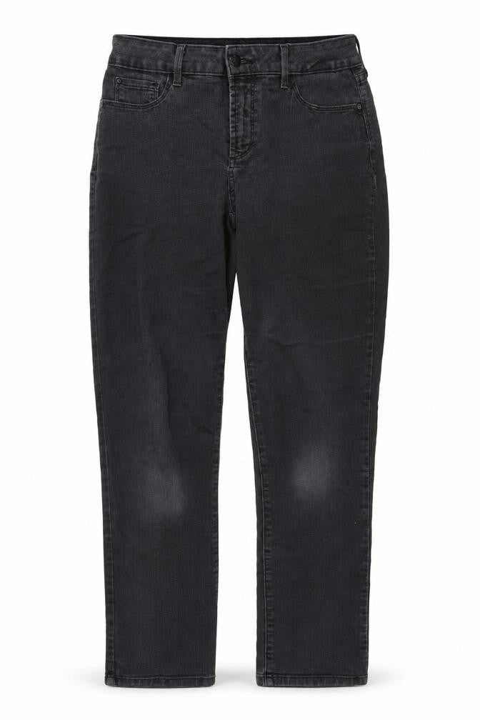 Front view of YNDJ women’s black cotton straight jeans, size UK 10, regular zip