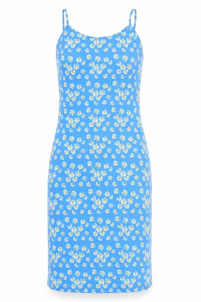 Front view of VILA women’s blue floral polyester slip dress, size XS, round neck pullover