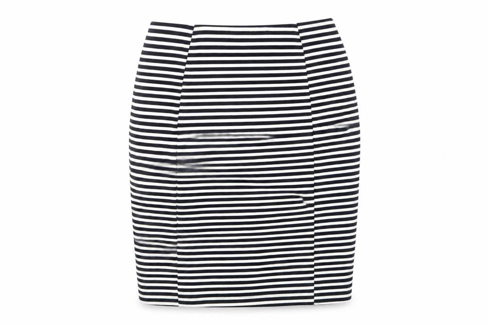 Front view of Papaya women’s black striped polyester straight & pencil skirt, size UK 10, hook & loop