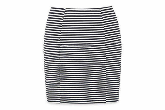 Front view of Papaya women’s black striped polyester straight & pencil skirt, size UK 10, hook & loop