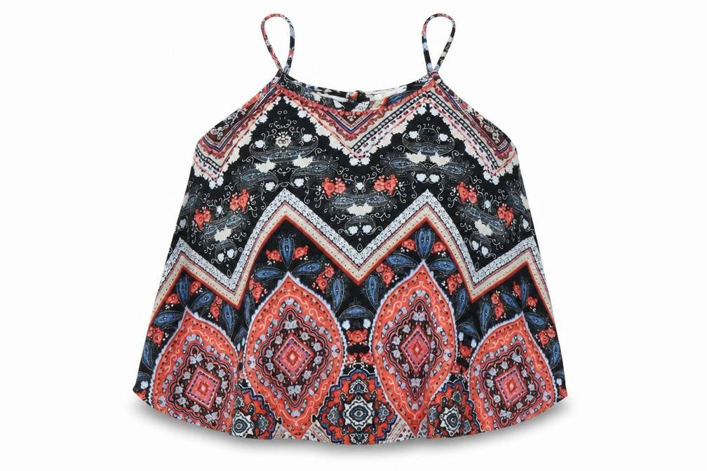 Front view of M&Co girls’ multicoloured geometric polyester basic tank, size 11-12, years round neck pullover