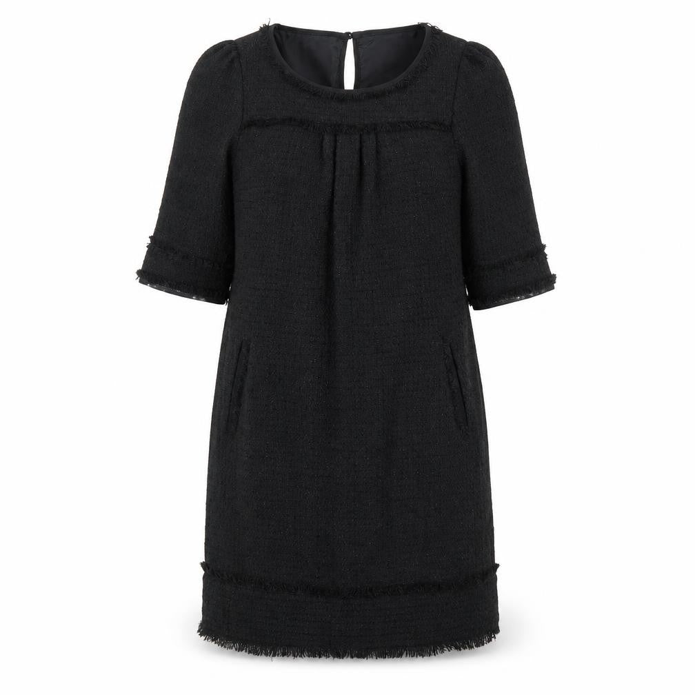 Front view of Monsoon women’s black acrylic shift, size UK 10, boat neck button