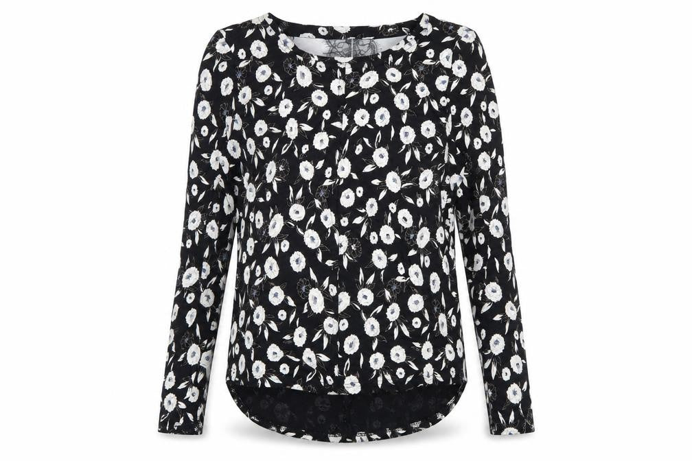 Front view of Next women’s black floral viscose basic blouse, size UK 6, boat neck - cut out