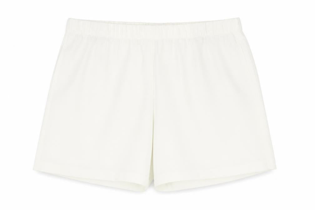 Front view of Marks & Spencer women’s ivory polyester sweat shorts, size UK 24, regular zip