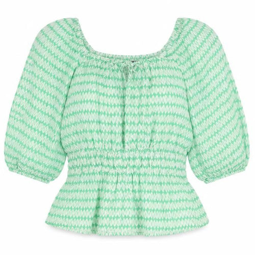 Marks and Spencer Womens Green Geometric Viscose Basic Blouse Size 10 Scoop Neck - Shirred Waist