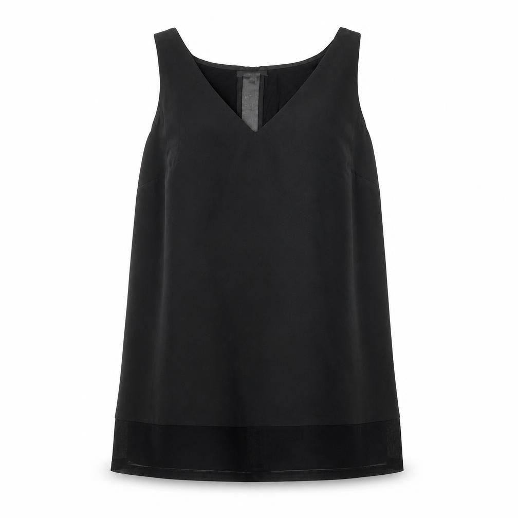 Front view of Warehouse women’s black polyester basic tank, size UK 12, v-neck