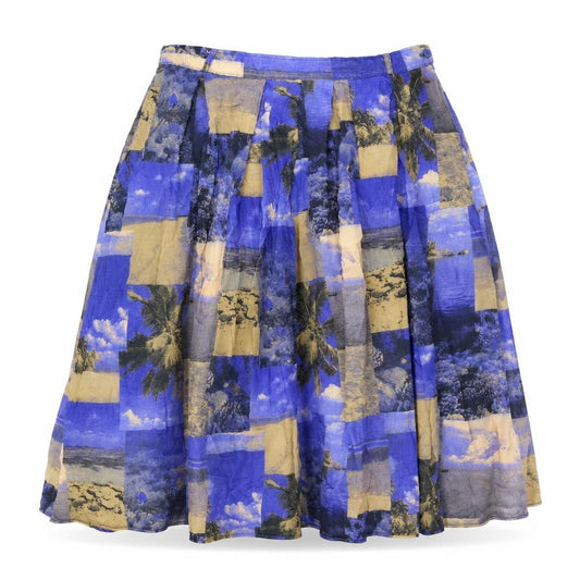 Front view of Preworn women’s blue geometric viscose swing skirt, size UK 36, in zip