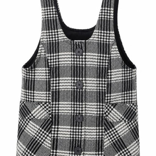 NEXT Girls Black Houndstooth Polyester Pinafore/Dungaree Dress Size 7 Years Scoop Neck Button