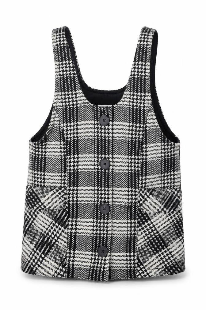NEXT Girls Black Houndstooth Polyester Pinafore/Dungaree Dress Size 7 Years Scoop Neck Button