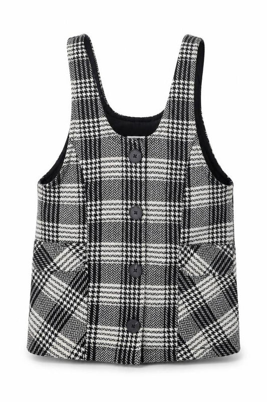 Front view of Next girls’ black houndstooth polyester pinafore/dungaree dress, size 7, years scoop neck button