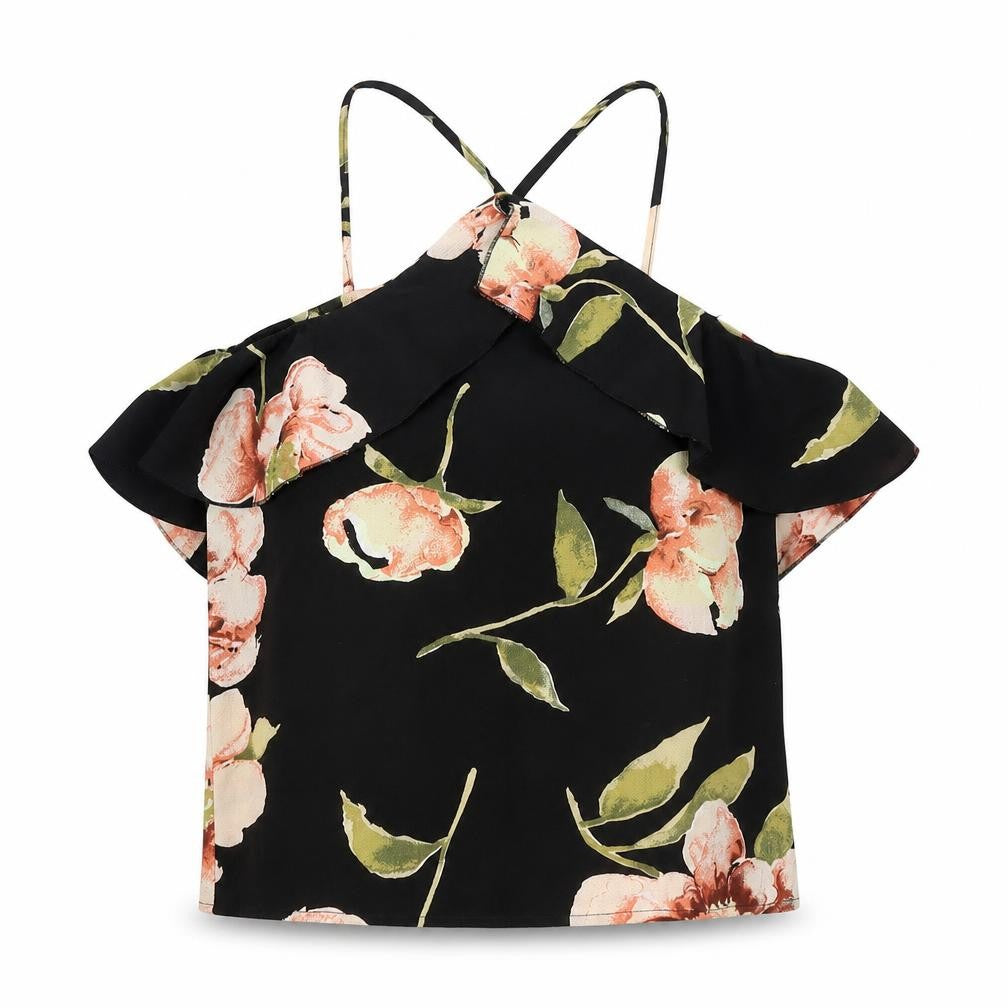 Front view of AX Paris women’s black floral polyester basic tank, size UK 8, halter
