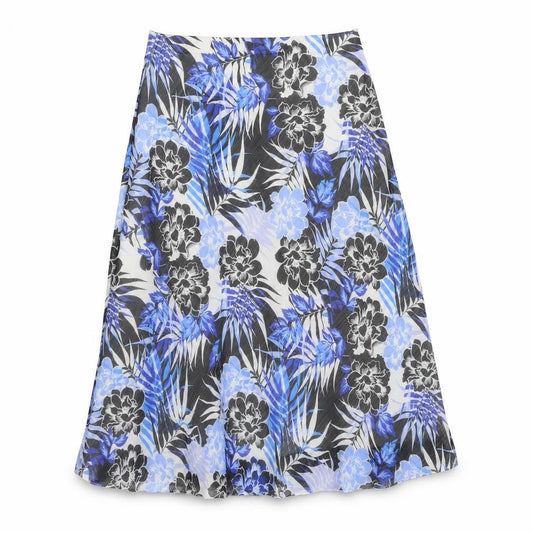 Front view of EWM women’s blue floral polyester swing skirt, size UK 32, in