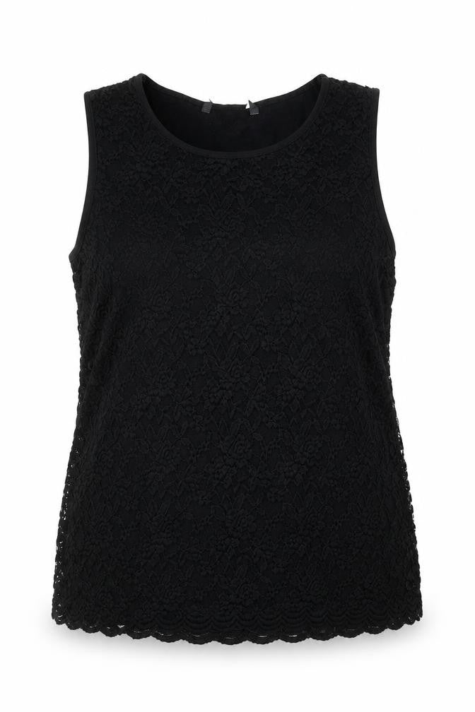 Front view of Preworn women’s black nylon basic blouse, size UK 18, boat neck