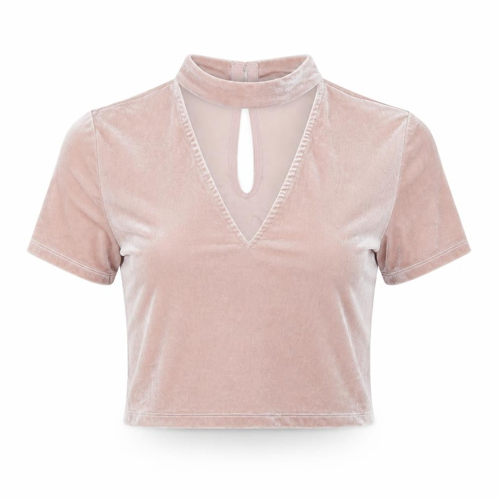 Front view of Divided women’s pink polyester cropped blouse, size M, v-neck