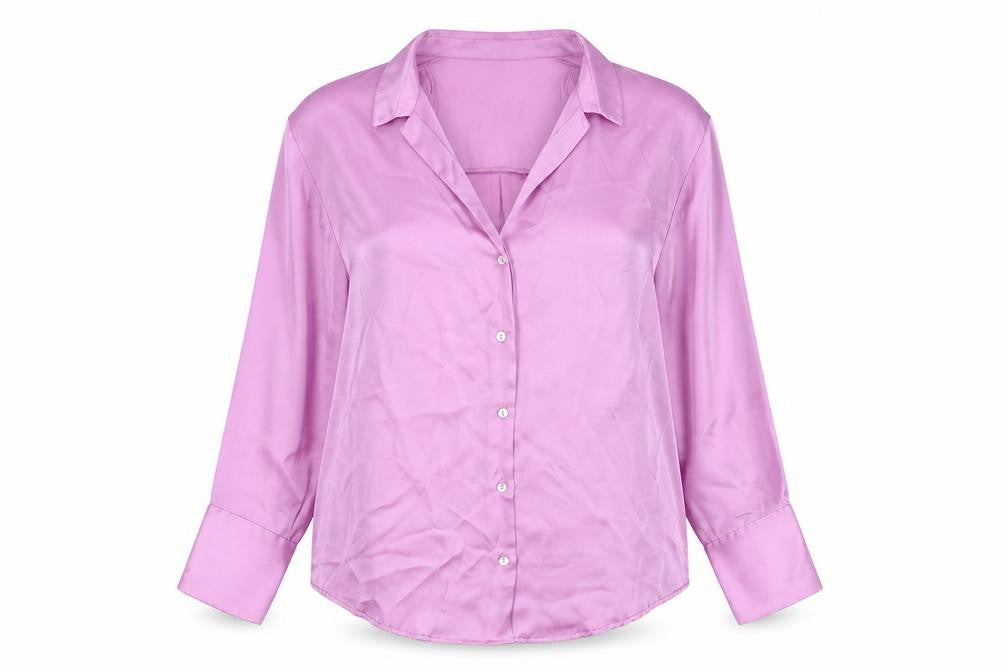 Front view of Zanzara women’s purple polyester basic button-up, size L, collared