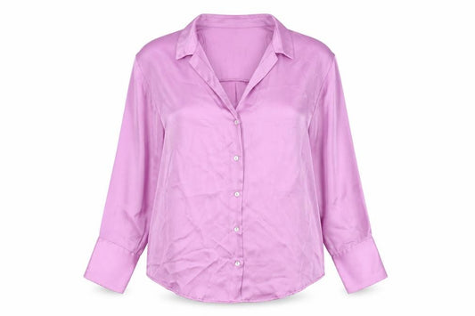 Front view of Zanzara women’s purple polyester basic button-up, size L, collared