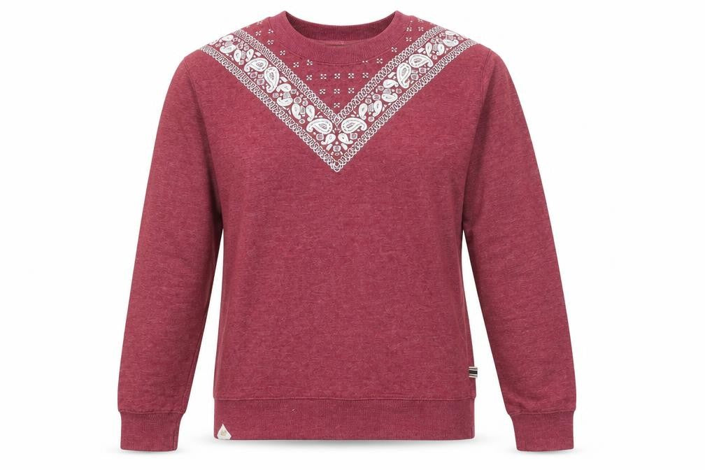 Front view of Bellfield women’s red cotton pullover sweatshirt, size S, pullover