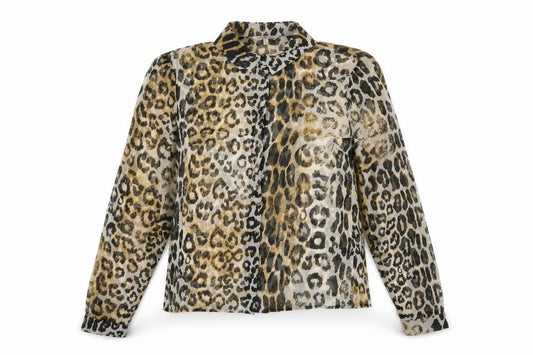 Front view of Marks & Spencer women’s brown animal print polyester basic button-up, size UK 12, v-neck - leopard print