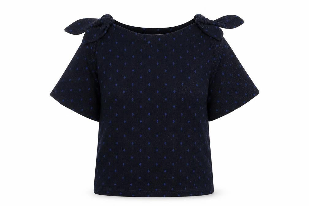 Front view of Per Una women’s blue round neck polka dot polyester jumper, size UK 6