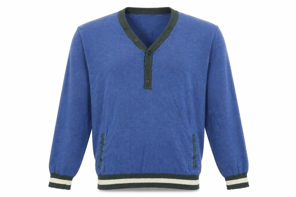 Front view of BDG men’s blue v-neck acrylic jumper, size M, long sleeve