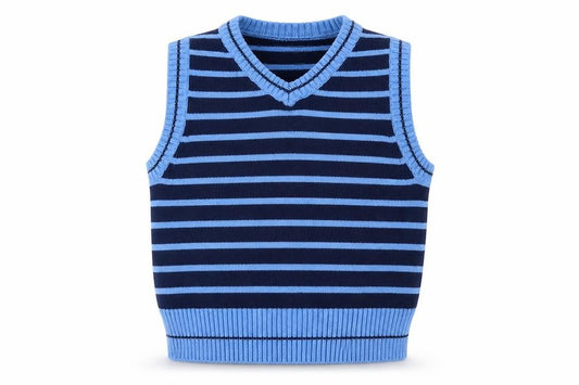 Front view of Early Days boys’ blue striped 100% cotton basic tank, size 9-12, months round neck pullover