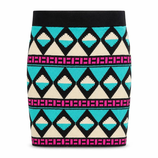 Front view of Miss Selfridge women’s multicoloured geometric acrylic bandage skirt, size UK 8