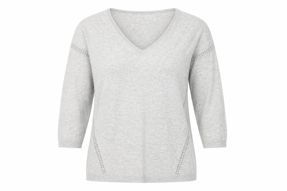 Front view of Monsoon women’s grey v-neck acrylic jumper, size L