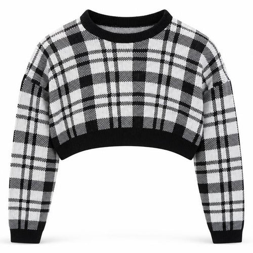 Fem Luxe Womens Black Round Neck Plaid Acrylic Pullover Jumper Size S - Cropped