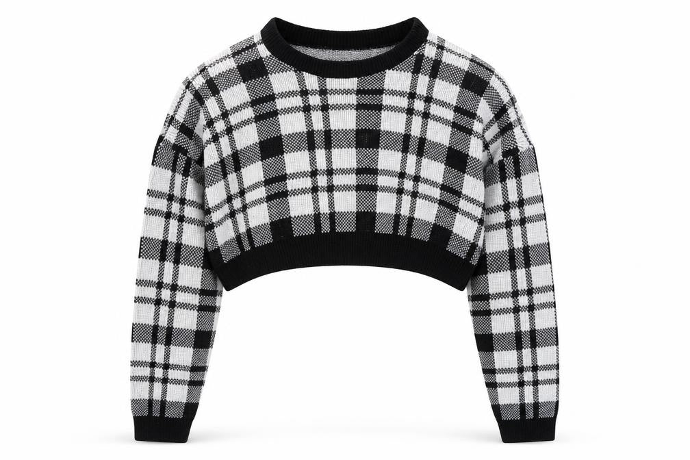 Fem Luxe Womens Black Round Neck Plaid Acrylic Pullover Jumper Size S - Cropped