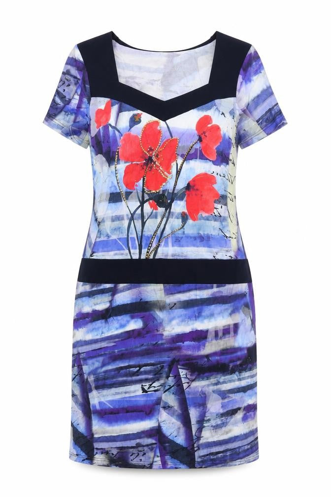 Front view of Pause Cafe women’s blue geometric viscose shift, size UK 8, v-neck pullover