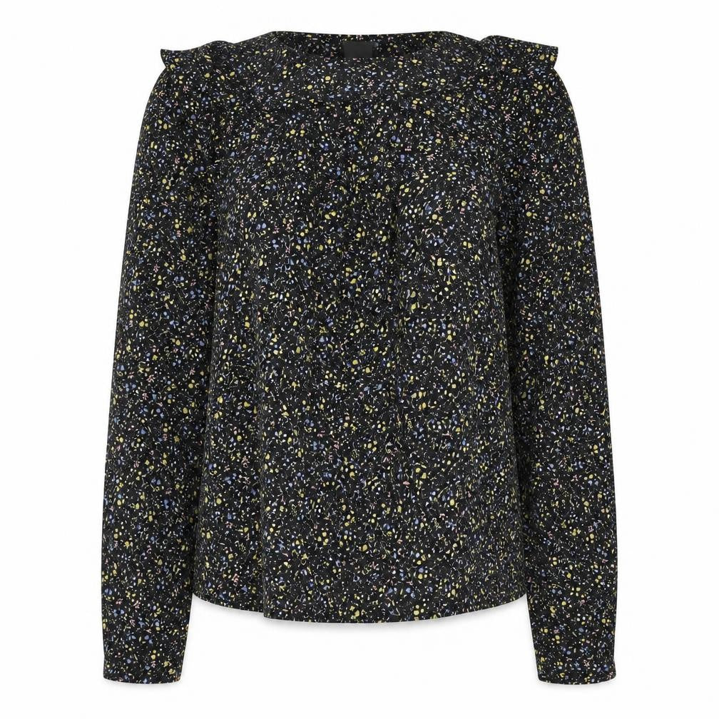 Front view of ICHI women’s black geometric polyester basic blouse, size S, round neck