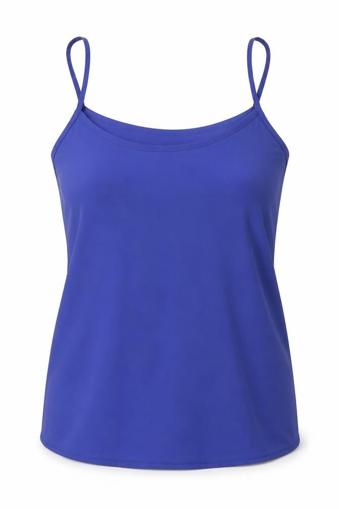 Front view of New Look women’s blue polyester basic tank, size UK 10, round neck
