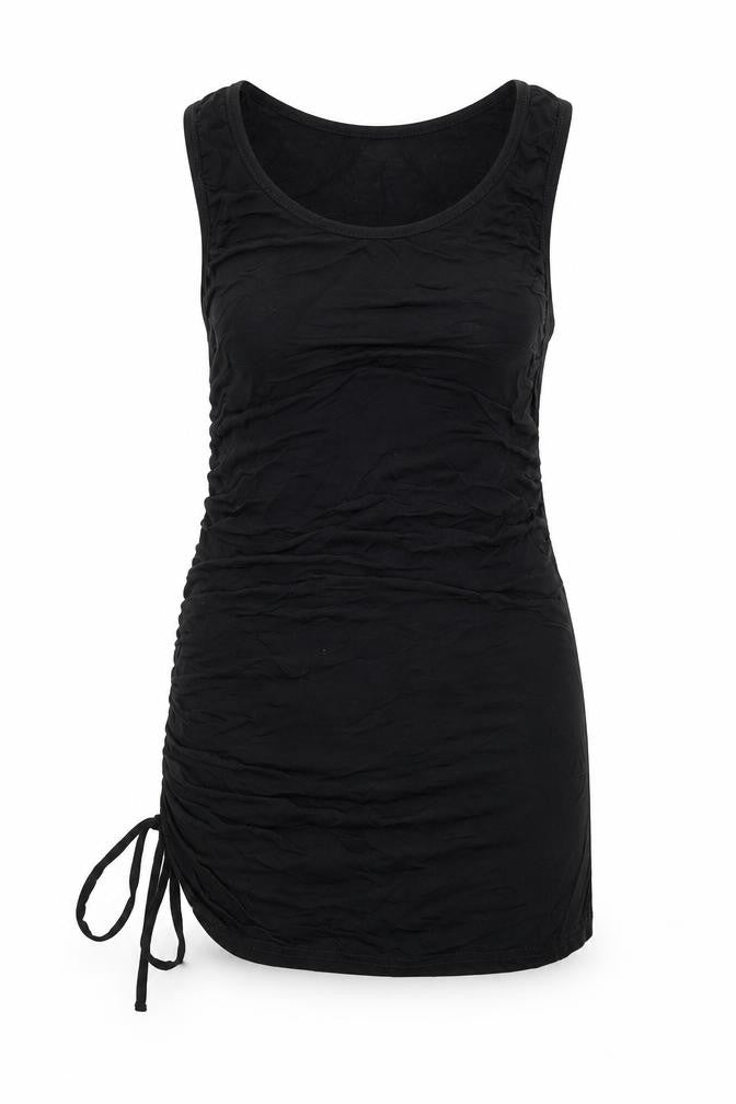 Front view of H&M women’s black polyester tunic tank, size S, round neck