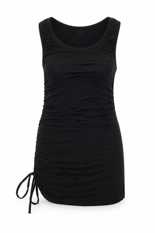 Front view of H&M women’s black polyester tunic tank, size S, round neck