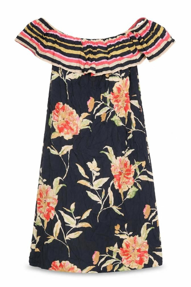 Front view of Atmosphere women’s black floral polyester shift, size UK 12, off the shoulder pullover