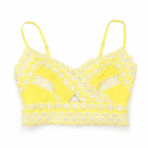 Topshop Womens Yellow Geometric Cotton Cropped Tank Size 6 Sweetheart - Broderie Anglaise Details, Keyhole Neckline