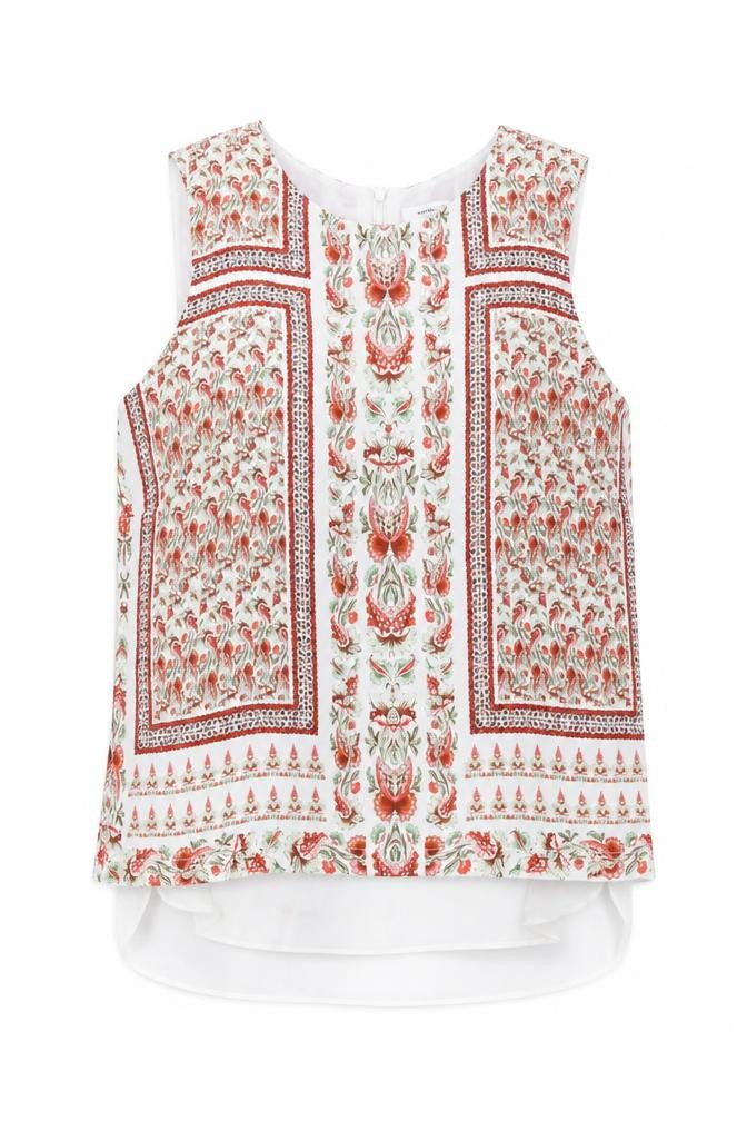 Front view of Rose & Olive women’s white geometric polyester basic tank, size L, round neck