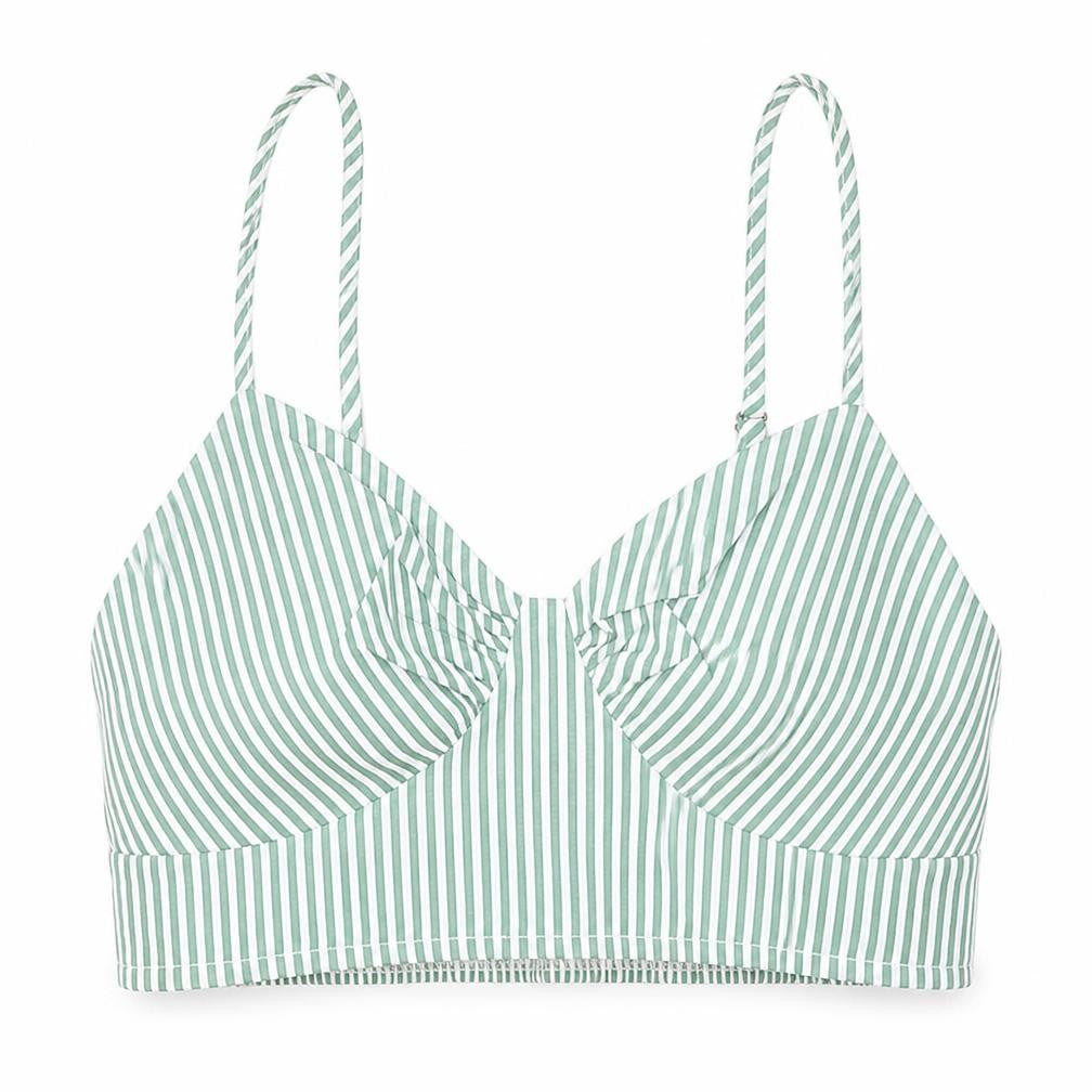Front view of SHEIN women’s green striped polyester cropped tank, size M, v-neck - shirred back
