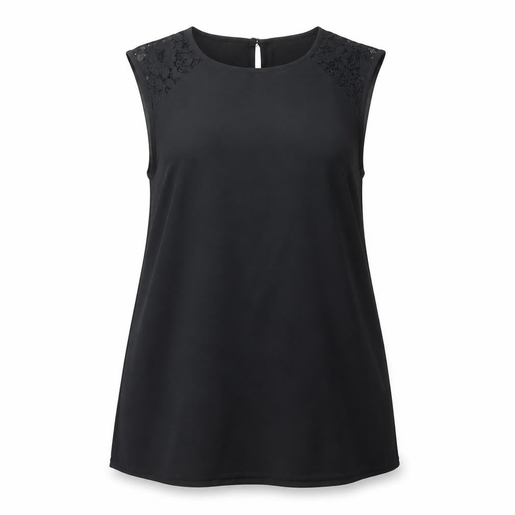Front view of Matalan women’s black polyester basic blouse, size UK 8, boat neck - lace detail