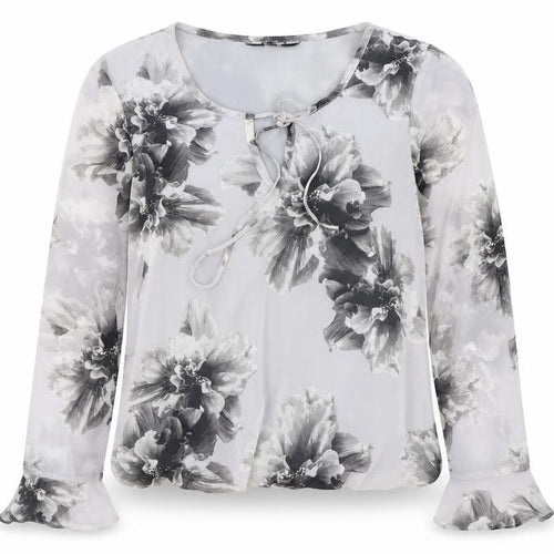 K&D London Womens Grey Floral Polyester Basic Blouse Size 8 Scoop Neck - Tie Neck Detail