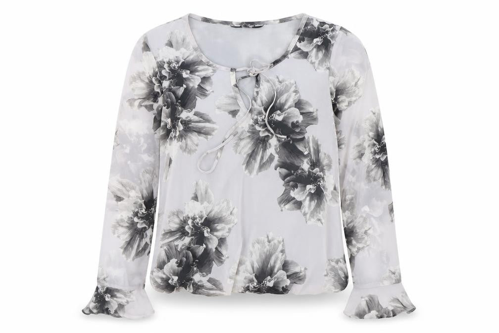 K&D London Womens Grey Floral Polyester Basic Blouse Size 8 Scoop Neck - Tie Neck Detail