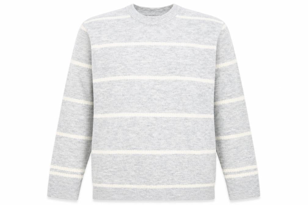 Front view of Papaya women’s grey round neck striped acrylic jumper, size L