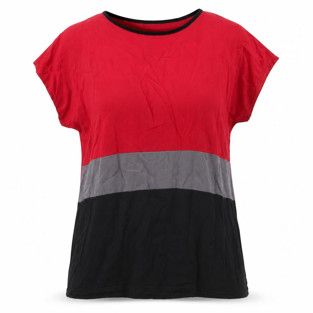 Front view of Pourquoi women’s red striped viscose basic t-shirt, size XL, round neck