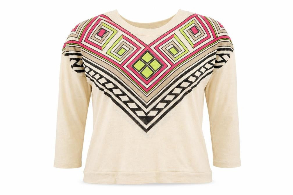 Front view of QED London women’s beige geometric polyester basic t-shirt, size S, round neck